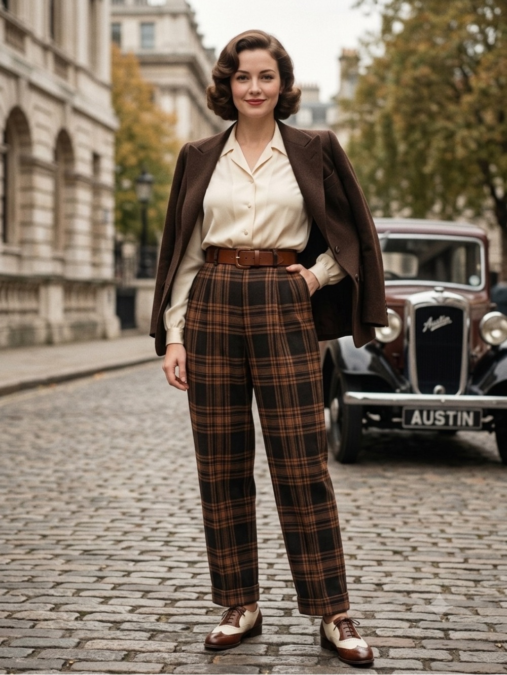 VTG 70s Russ Togs Plaid Pants Brown Black High Waist Straight Leg USA Made Sz 0